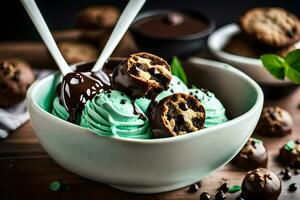 a bowl of ice cream with chocolate and mint. AI-Generated photo