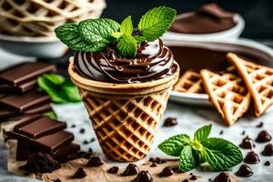 chocolate ice cream with mint leaves and chocolate chips. AI-Generated photo