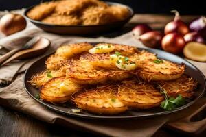 patata panqueques en un plato con cebollas y ajo. generado por ai foto