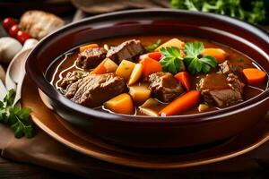 a bowl of beef stew with vegetables and herbs. AI-Generated photo