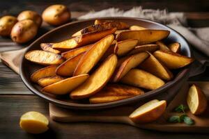 frito patatas en un cuenco en un de madera mesa. generado por ai foto