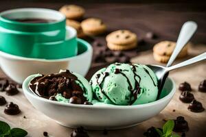 a bowl of mint chocolate chip ice cream with mint chocolate chips and cookies. AI-Generated photo