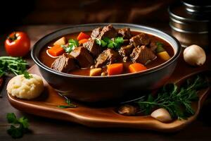 beef stew in a bowl. AI-Generated photo