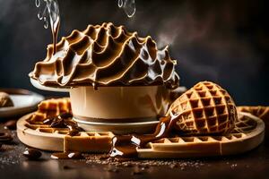 a waffle cone with chocolate syrup and waffles on a wooden tray. AI-Generated photo