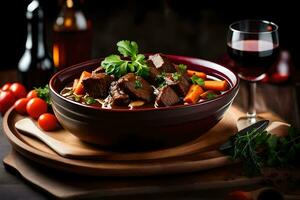 a bowl of beef stew with vegetables and a glass of red wine. AI-Generated photo