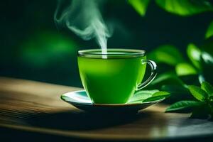 a cup of green tea with steam on a wooden table. AI-Generated photo