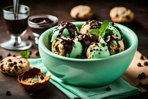 chocolate chip cookies and mint ice cream in a bowl. AI-Generated photo