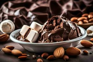 chocolate ice cream with almonds and marshmallows. AI-Generated photo