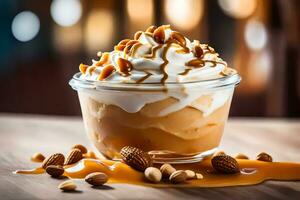 the caramel sundae is a popular dessert at the new york times. AI-Generated photo
