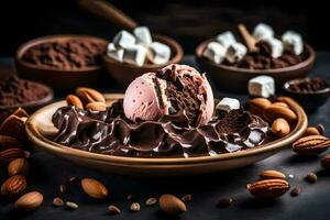 chocolate hielo crema con Malvaviscos y nueces. generado por ai foto