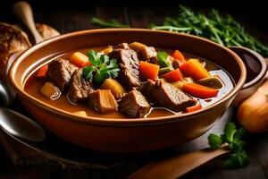 a bowl of beef stew with vegetables and herbs. AI-Generated photo