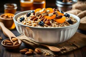 oatmeal with nuts and dried fruit in a bowl. AI-Generated photo