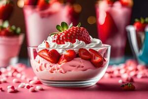 strawberry cheesecake in a glass bowl. AI-Generated photo