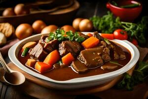 beef stew in a bowl with carrots and potatoes. AI-Generated photo