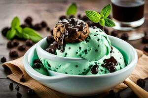 ice cream with chocolate chips and mint leaves in a bowl. AI-Generated photo