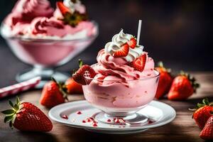 un postre con fresas y azotado crema. generado por ai foto