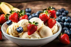 a bowl of ice cream with strawberries, blueberries and bananas. AI-Generated photo