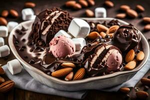 chocolate ice cream with almonds and marshmallows in a heart shape. AI-Generated photo