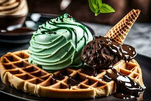 a waffle with ice cream and chocolate sauce. AI-Generated photo