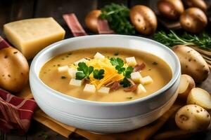 a bowl of potato soup with cheese and bacon. AI-Generated photo