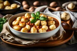 italiano comida con pasta en tomate salsa en un de madera mesa. generado por ai foto