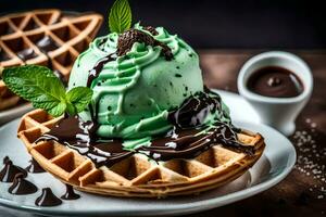 ice cream waffle with chocolate sauce and mint leaves on a wooden table. AI-Generated photo