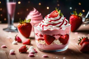 strawberry cheesecake dessert in a glass. AI-Generated photo