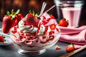 un postre con fresas y azotado crema. generado por ai foto