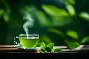 green tea in a cup on a wooden table. AI-Generated photo