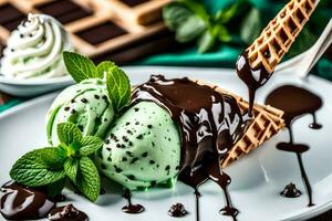 ice cream with mint and chocolate sauce. AI-Generated photo