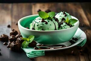 hielo crema con menta hojas y chocolate papas fritas en un bol. generado por ai foto