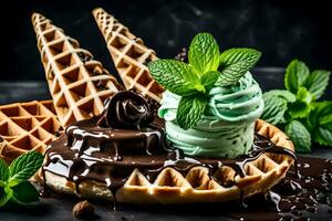 chocolate waffle with mint ice cream and chocolate sauce. AI-Generated photo