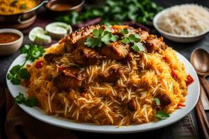 chicken biryani with rice and vegetables. AI-Generated photo