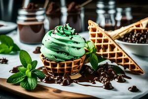 chocolate hielo crema en un gofre cono con menta hojas. generado por ai foto