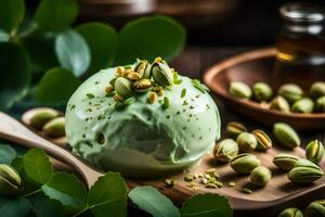 pistachio ice cream with pistachio nuts on a wooden table. AI-Generated photo