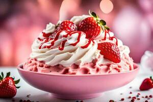 a pink bowl with whipped cream and strawberries. AI-Generated photo