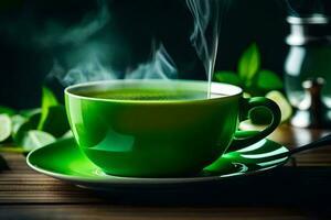 a cup of green tea with a saucer and leaves. AI-Generated photo