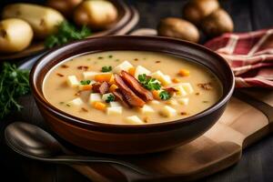 potato soup in a bowl with potatoes and bacon. AI-Generated photo