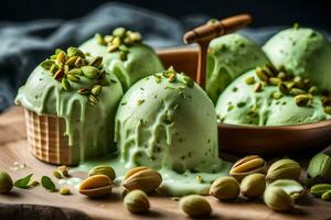 pistachio ice cream with pistachio nuts in a bowl. AI-Generated photo