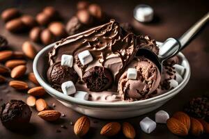 chocolate ice cream with almonds and marshmallows. AI-Generated photo