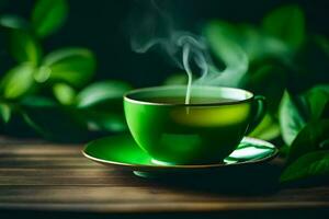 a cup of green tea on a wooden table. AI-Generated photo