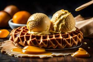 ice cream waffles with two scoops of ice cream and fresh orange slices on a wooden table. AI-Generated photo