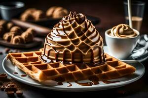 the waffle is topped with chocolate sauce and a coffee cup. AI-Generated photo