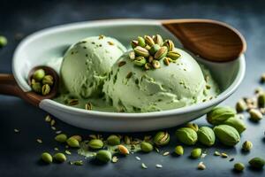 pistachio ice cream in a bowl with pistachio nuts. AI-Generated photo