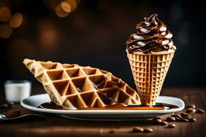 the waffle cone is a waffle cone with chocolate sauce and coffee beans. AI-Generated photo