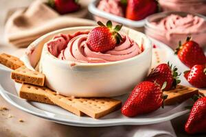 strawberry cream cheese dip with crackers. AI-Generated photo