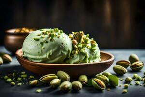 pistacho hielo crema en un cuenco con pistacho nueces en un oscuro antecedentes. generado por ai foto