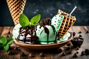 ice cream with chocolate and mint on a wooden table. AI-Generated photo