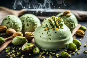 pistachio ice cream with pistachio nuts on a dark background. AI-Generated photo