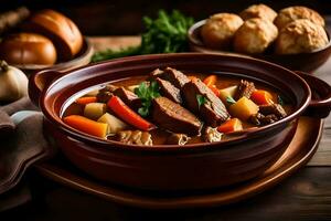 a bowl of stew with meat and vegetables on a table. AI-Generated photo